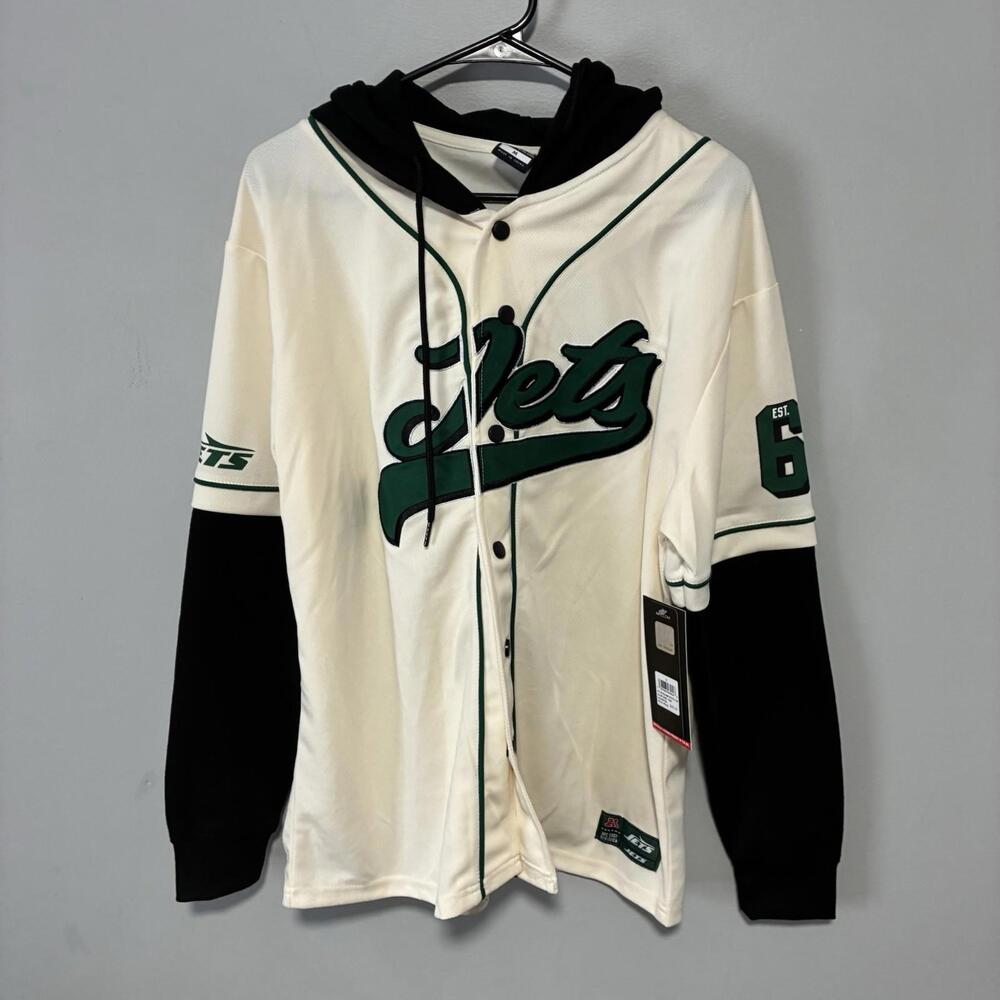 NWT NFL New York Jets Hooded Baseball Jersey Cream Black Men's M